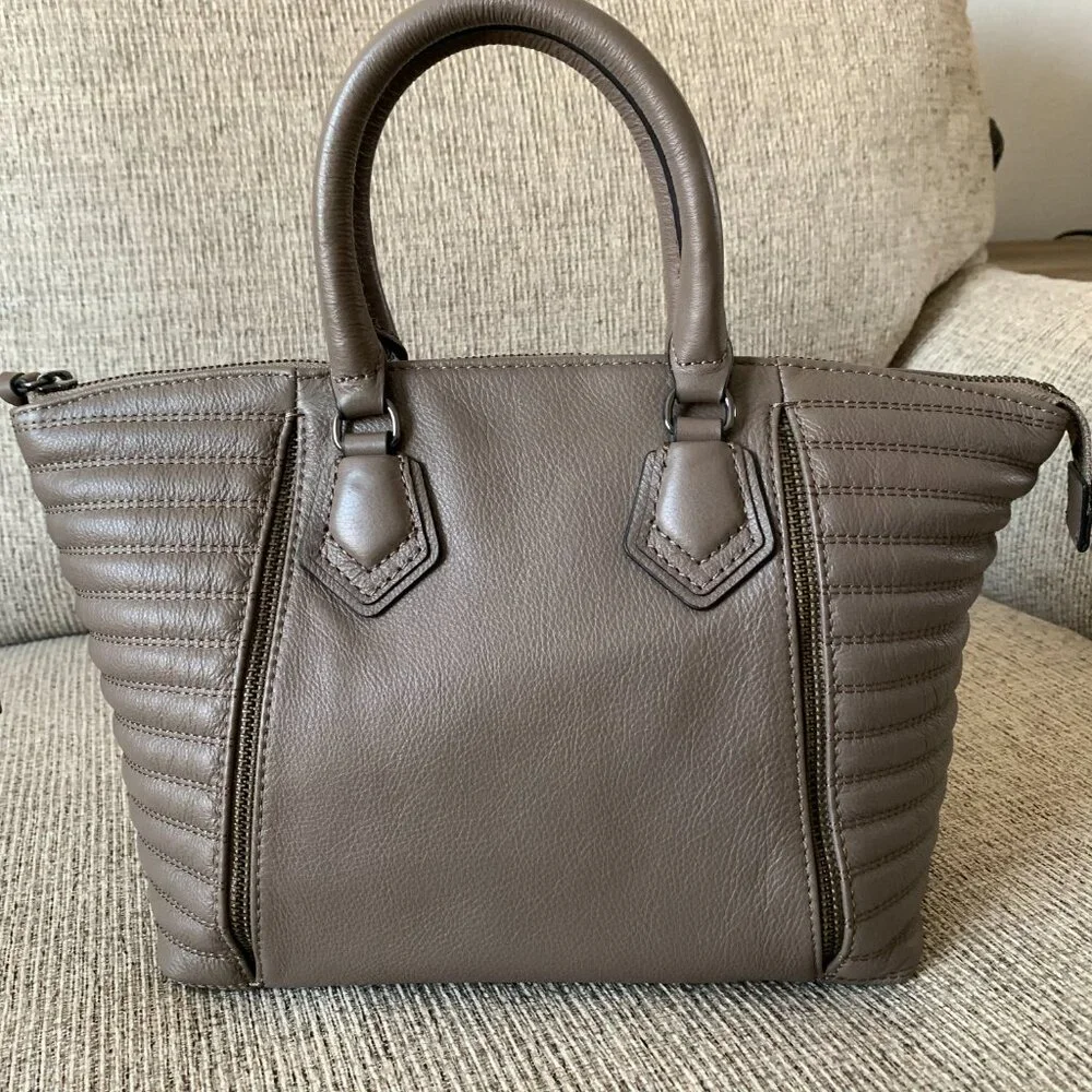 NWT Botkier Leather Top Handle Moto Satchel Winter Grey Quilted Panels MSRP $248 - Picture 5 of 15